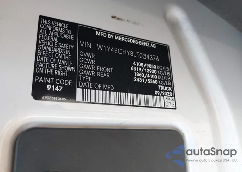 2020 Mercedes-Benz Sprinter 2500 High Roof V6 from USA, damaged, VIN W1Y4ECHY8LT034376